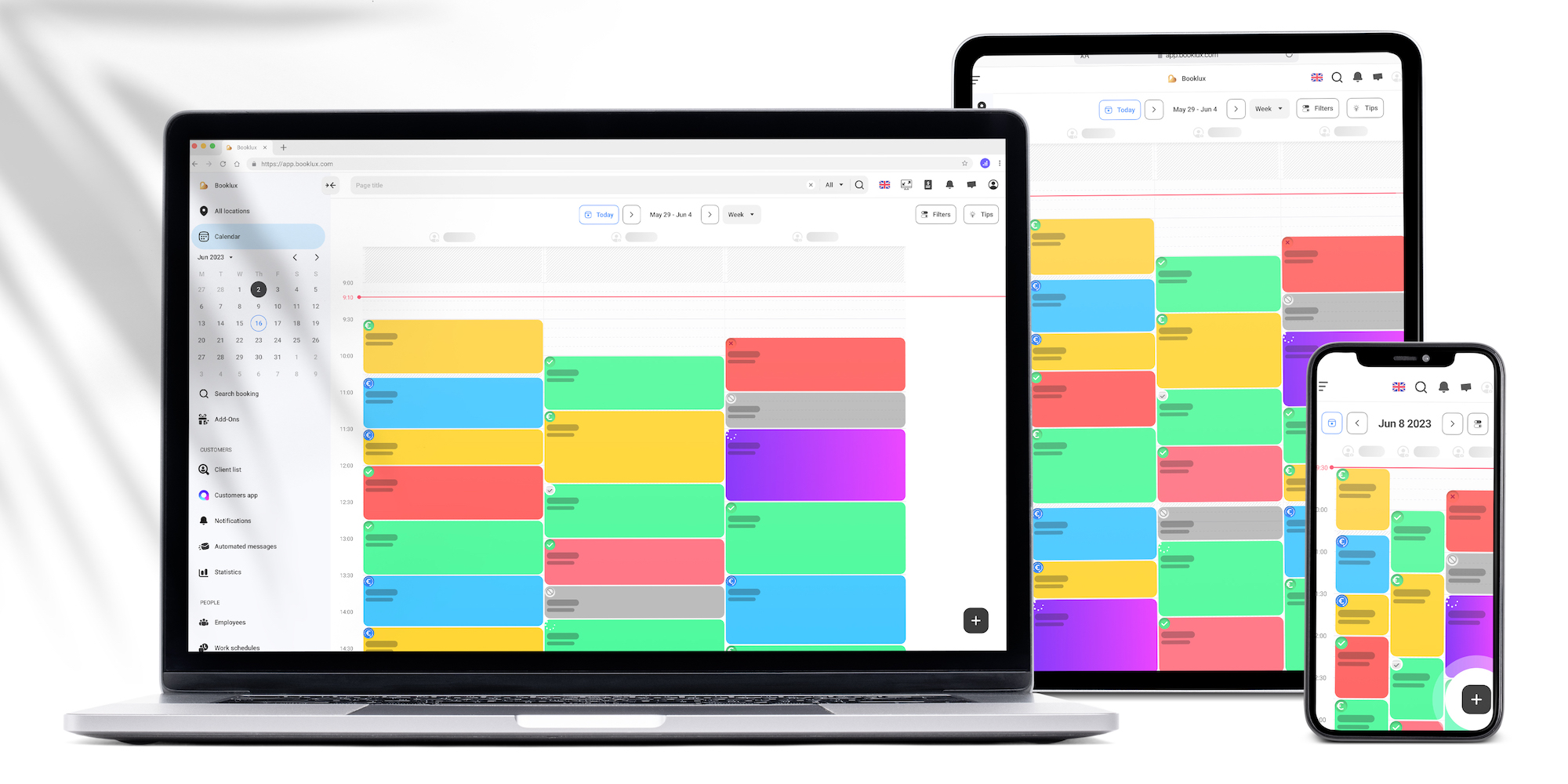 Il software di pianificazione degli appuntamenti di Booklux funziona perfettamente e in modo sicuro con dispositivi Windows, macOS, iOS e Android.