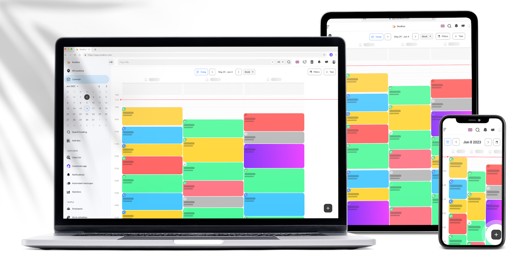 O software de agendamento de compromissos da Booklux funciona de forma integrada e segura com dispositivos Windows, macOS, iOS e Android.