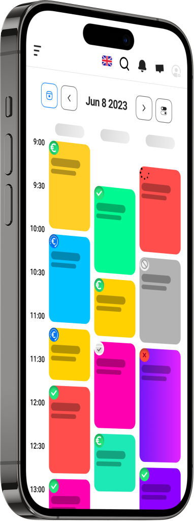 Booklux bokningsprogramvaruhanteringsapp kalendervyer av schemalagda möten på mobil- och surfplattaskärmar.