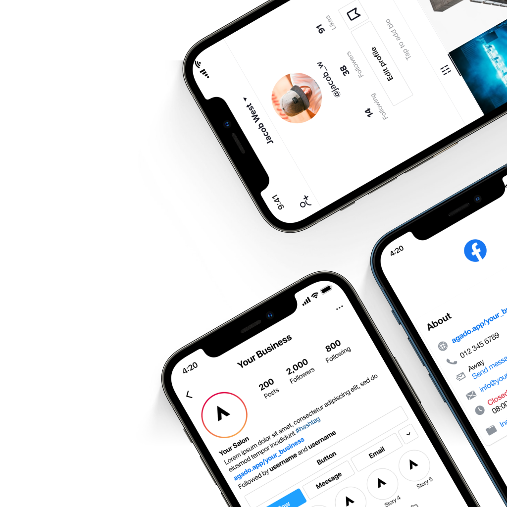 3 smartphones demonstrating how to share your unique Booklux booking link on the most popular social media websites: Tik Tok, Instagram, Meta Facebook.