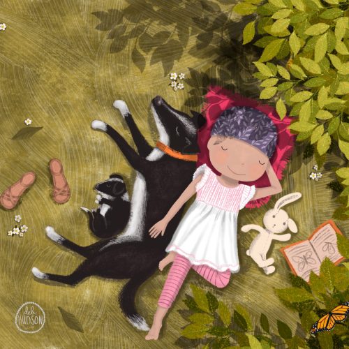A painting of a girl and her dog napping in the grass