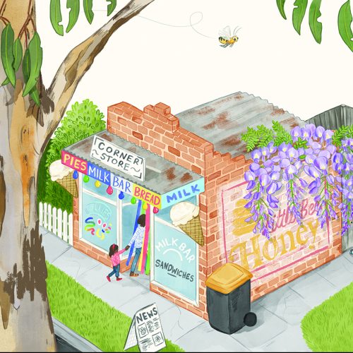 An illustration of a gum tree in front of a corner store