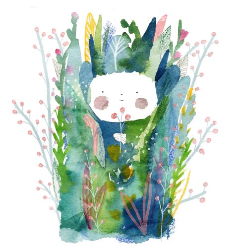 A watercolour painting of a face peeking through deep plant growth