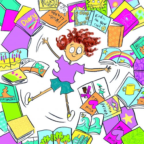 A colourful drawing of a girl surrounded by books