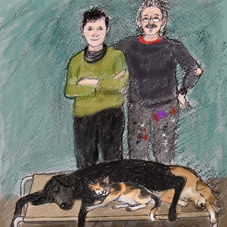 A colour sketch of Andrew, his wife Janet and their pets