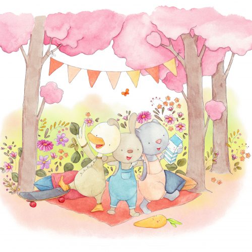 An illustration of three animal friends having a picnic