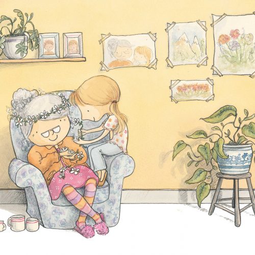 An illustration of a young girl and her grandmother