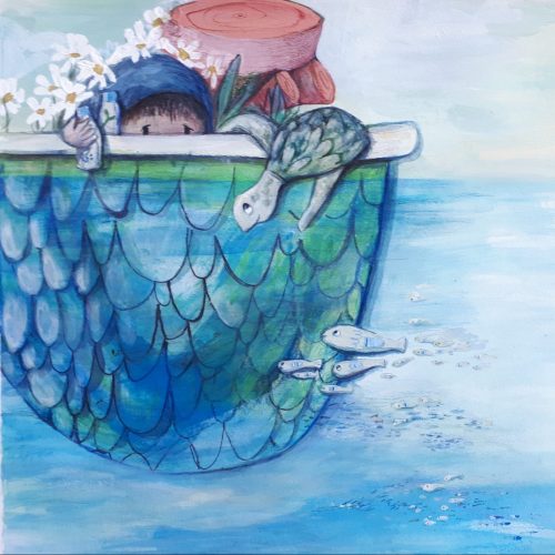 A watercolour painting of a child in a turtleshell