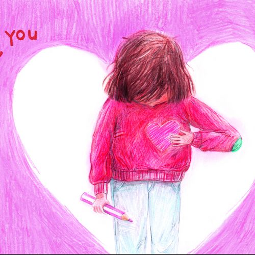 A young girl holding a cartoon heart over her chest