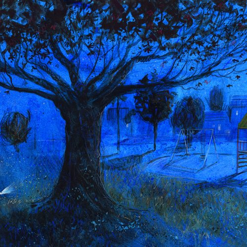 An illustration of a playground at night