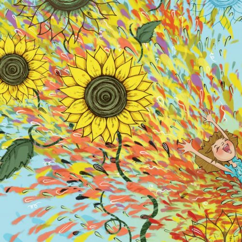 An illustration of an explosion of sunflowers
