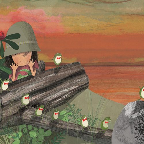 An illustration of a child counting frogs. The frogs are each wearing a bow tie