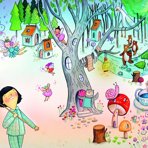 An illustration of children walking past a magical tree full of fantasy creatures
