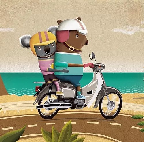 An illustration of a wombat and a koala riding a motor scooter