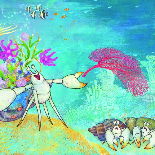 A watercolour hermit crab serenades his fellow crustaceans