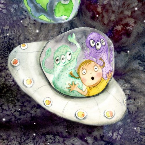 A painting of aliens and a small child in a UFO