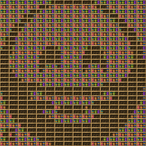 Smiley chiseled bookshelf pixel art created using the Chiseled Bookshelf block in Minecraft, measuring 16 x 16 blocks, built with 923 books and 256 chiseled bookshelves.