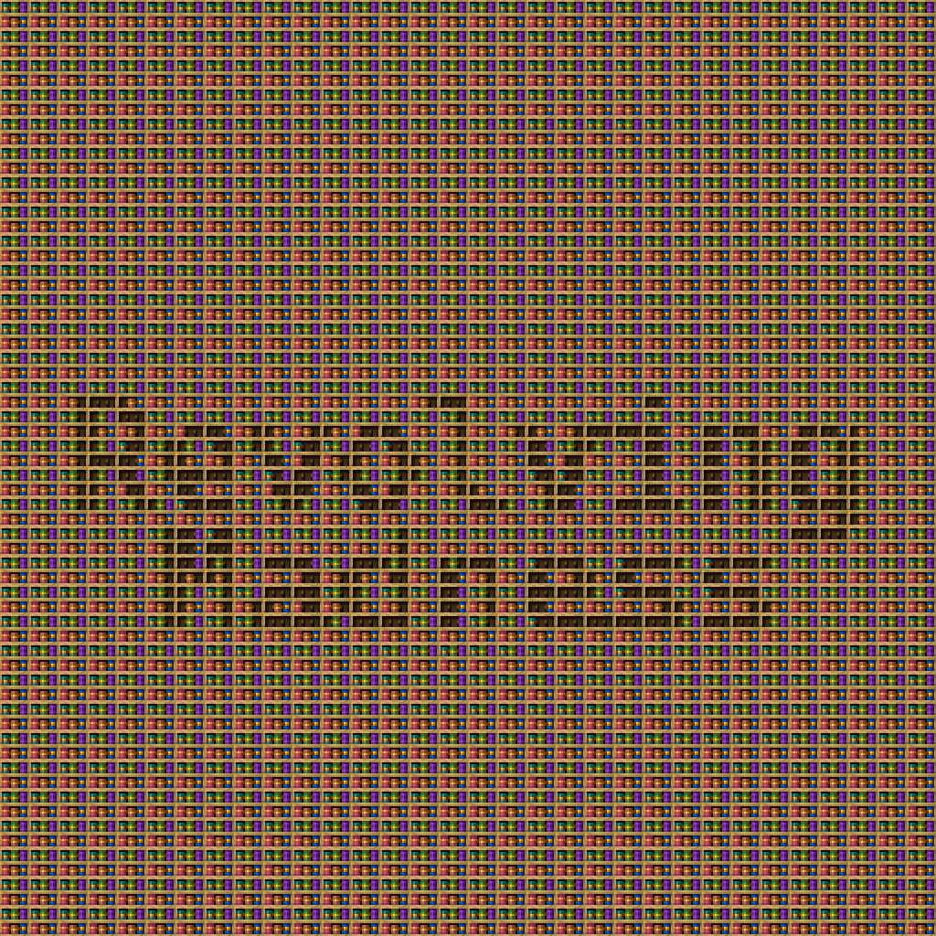 RevovlingMadness chiseled bookshelf pixel art created using the Chiseled Bookshelf block in Minecraft, measuring 32 x 32 blocks, built with 5753 books and 1024 chiseled bookshelves.