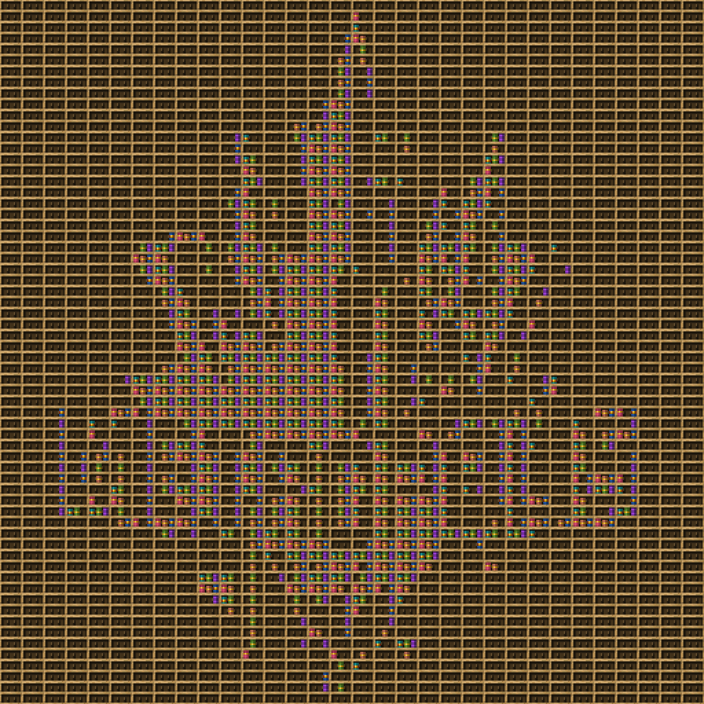 Metro logo chiseled bookshelf pixel art created using the Chiseled Bookshelf block in Minecraft, measuring 32 x 32 blocks, built with 1240 books and 1024 chiseled bookshelves.