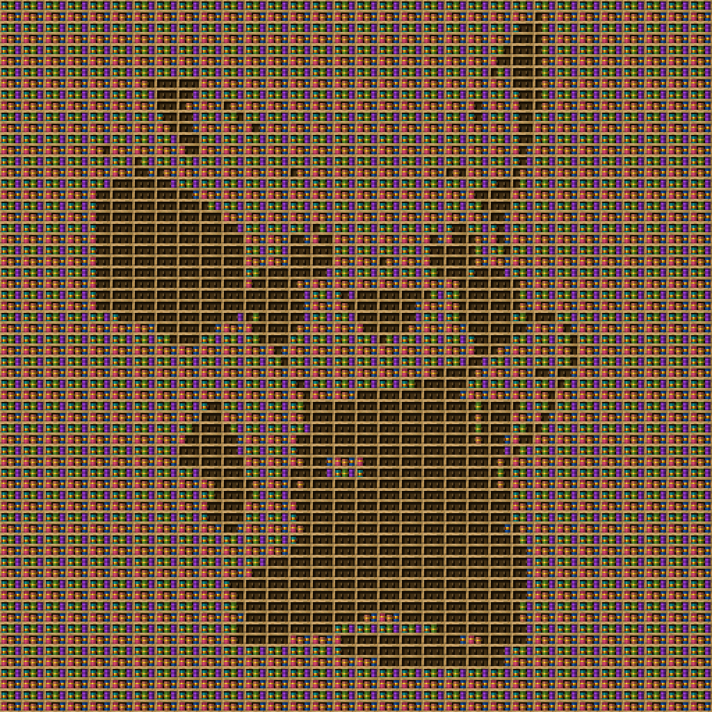 Pikachu chiseled bookshelf pixel art created using the Chiseled Bookshelf block in Minecraft, measuring 32 x 32 blocks, built with 4812 books and 1024 chiseled bookshelves.