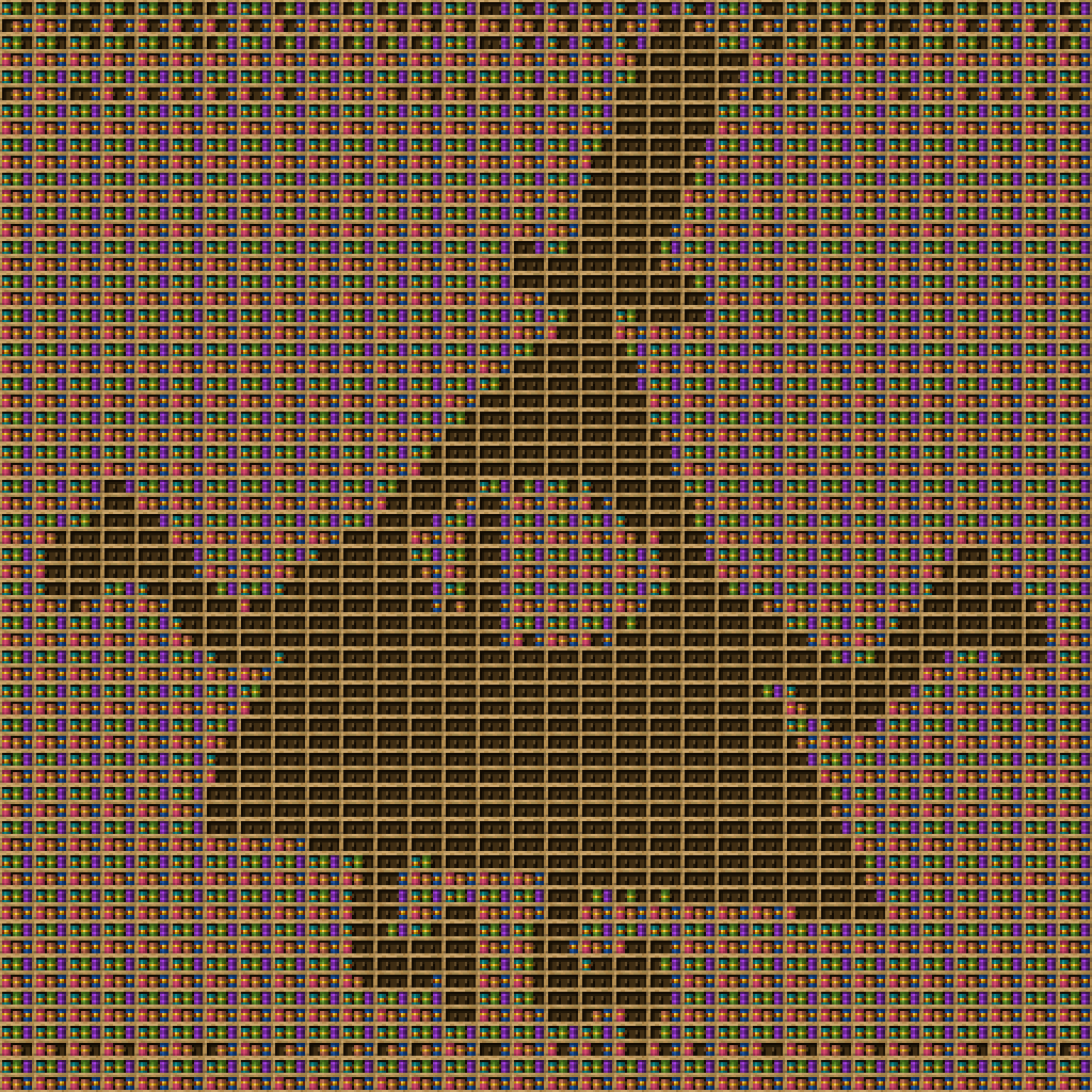 bill cipher chiseled bookshelf pixel art created using the Chiseled Bookshelf block in Minecraft, measuring 32 x 32 blocks, built with 4494 books and 1024 chiseled bookshelves.