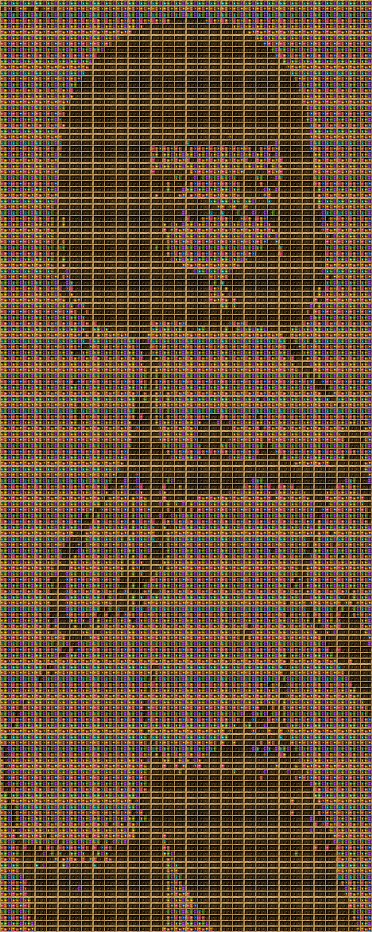 Boobi chiseled bookshelf pixel art created using the Chiseled Bookshelf block in Minecraft, measuring 32 x 80 blocks, built with 9764 books and 2560 chiseled bookshelves.