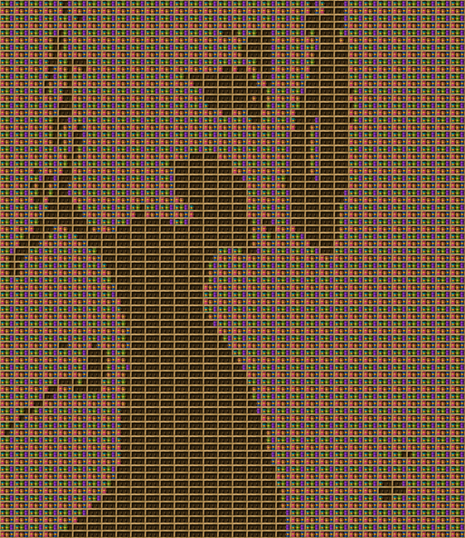 BOOBS chiseled bookshelf pixel art created using the Chiseled Bookshelf block in Minecraft, measuring 32 x 37 blocks, built with 5172 books and 1184 chiseled bookshelves.