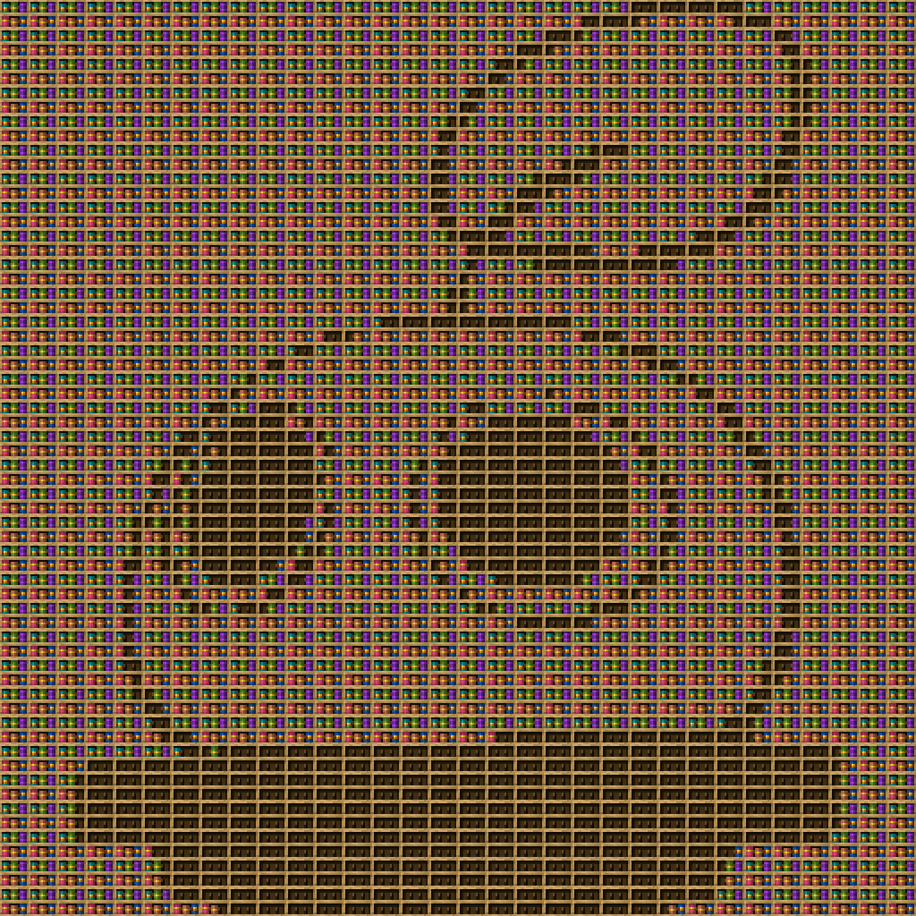 brotecito chiseled bookshelf pixel art created using the Chiseled Bookshelf block in Minecraft, measuring 32 x 32 blocks, built with 4591 books and 1024 chiseled bookshelves.