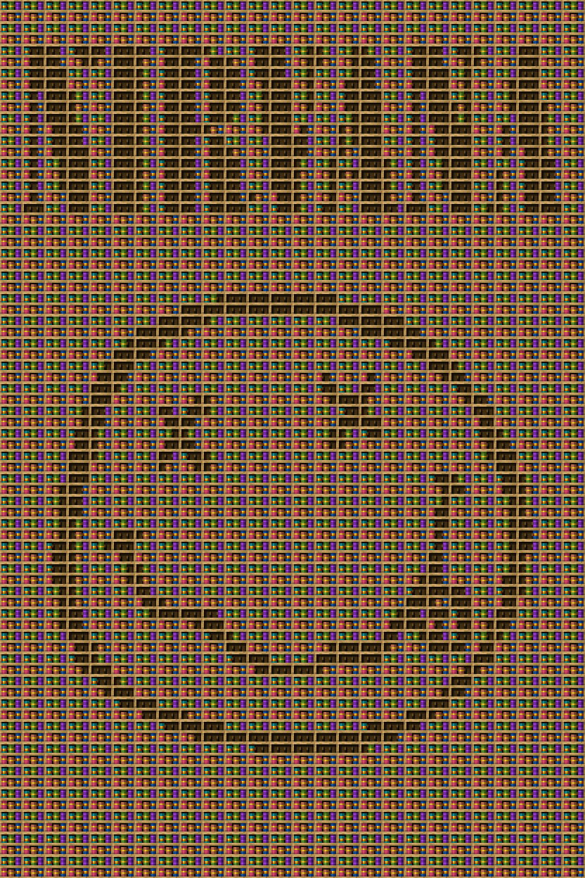 Nirvana chiseled bookshelf pixel art created using the Chiseled Bookshelf block in Minecraft, measuring 26 x 150 blocks, built with 5015 books and 1014 chiseled bookshelves.