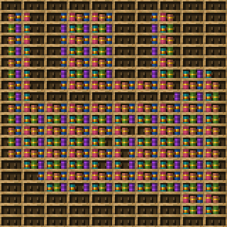 (╹◡╹) chiseled bookshelf pixel art created using the Chiseled Bookshelf block in Minecraft, measuring 10 x 267 blocks, built with 330 books and 100 chiseled bookshelves.