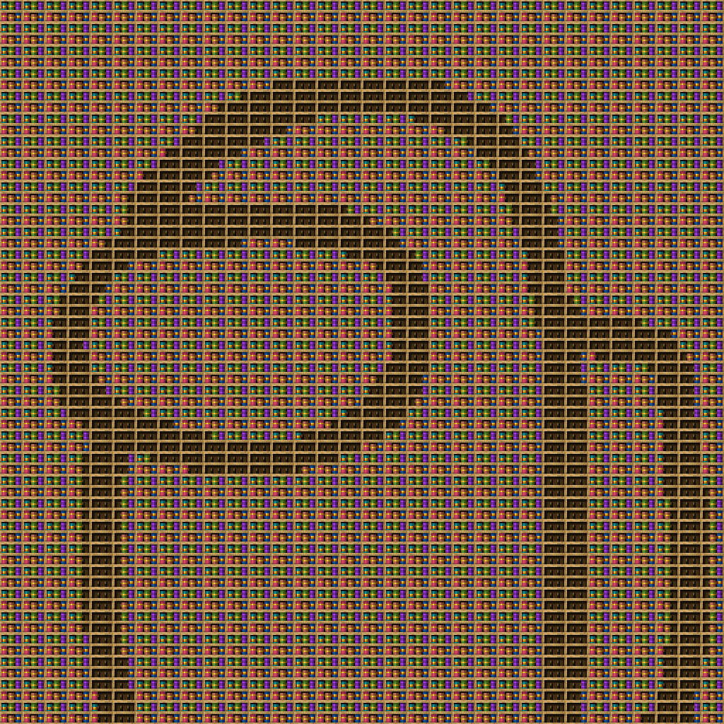 Aong-US chiseled bookshelf pixel art created using the Chiseled Bookshelf block in Minecraft, measuring 32 x 155 blocks, built with 4899 books and 1024 chiseled bookshelves.