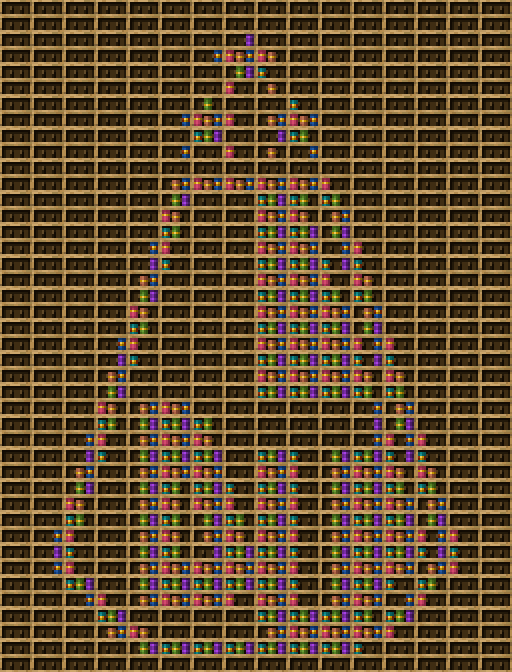 Deportes Tolima chiseled bookshelf pixel art created using the Chiseled Bookshelf block in Minecraft, measuring 16 x 253 blocks, built with 536 books and 336 chiseled bookshelves.