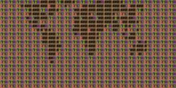 MUNDO chiseled bookshelf pixel art created using the Chiseled Bookshelf block in Minecraft, measuring 22 x 127 blocks, built with 1173 books and 242 chiseled bookshelves.