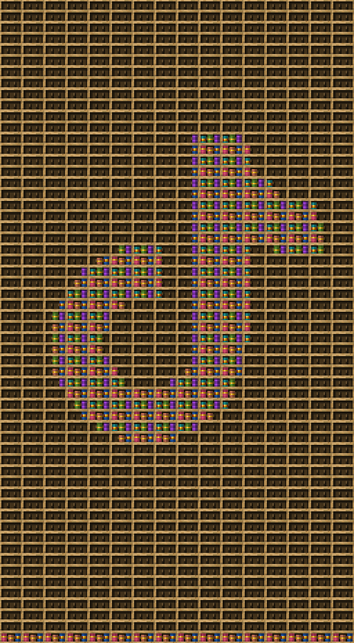 TikTok chiseled bookshelf pixel art created using the Chiseled Bookshelf block in Minecraft, measuring 16 x 335 blocks, built with 483 books and 464 chiseled bookshelves.