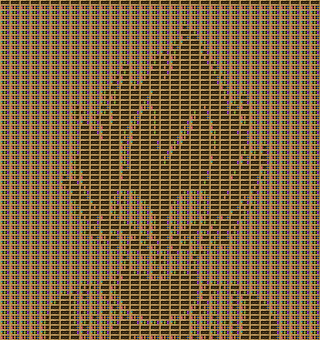 Veguetta chiseled bookshelf pixel art created using the Chiseled Bookshelf block in Minecraft, measuring 32 x 171 blocks, built with 4607 books and 1088 chiseled bookshelves.