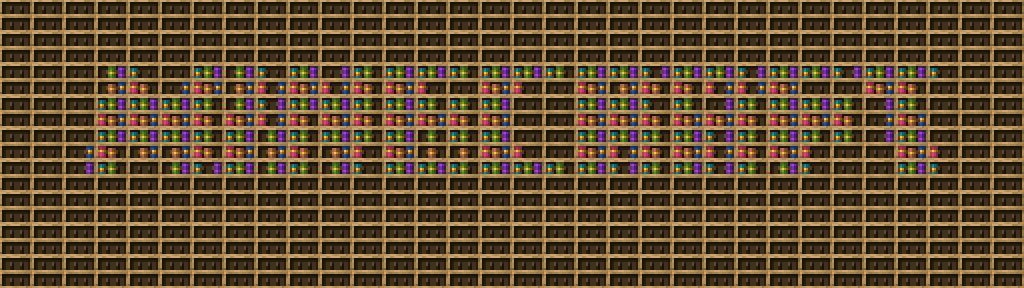 A tribute chiseled bookshelf pixel art created using the Chiseled Bookshelf block in Minecraft, measuring 32 x 84 blocks, built with 390 books and 288 chiseled bookshelves.