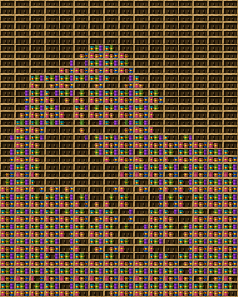 Heleaahahhh chiseled bookshelf pixel art created using the Chiseled Bookshelf block in Minecraft, measuring 16 x 688 blocks, built with 962 books and 320 chiseled bookshelves.