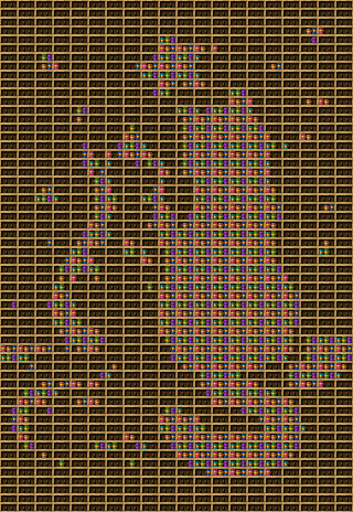 .hv} chiseled bookshelf pixel art created using the Chiseled Bookshelf block in Minecraft, measuring 20 x 136 blocks, built with 1068 books and 580 chiseled bookshelves.