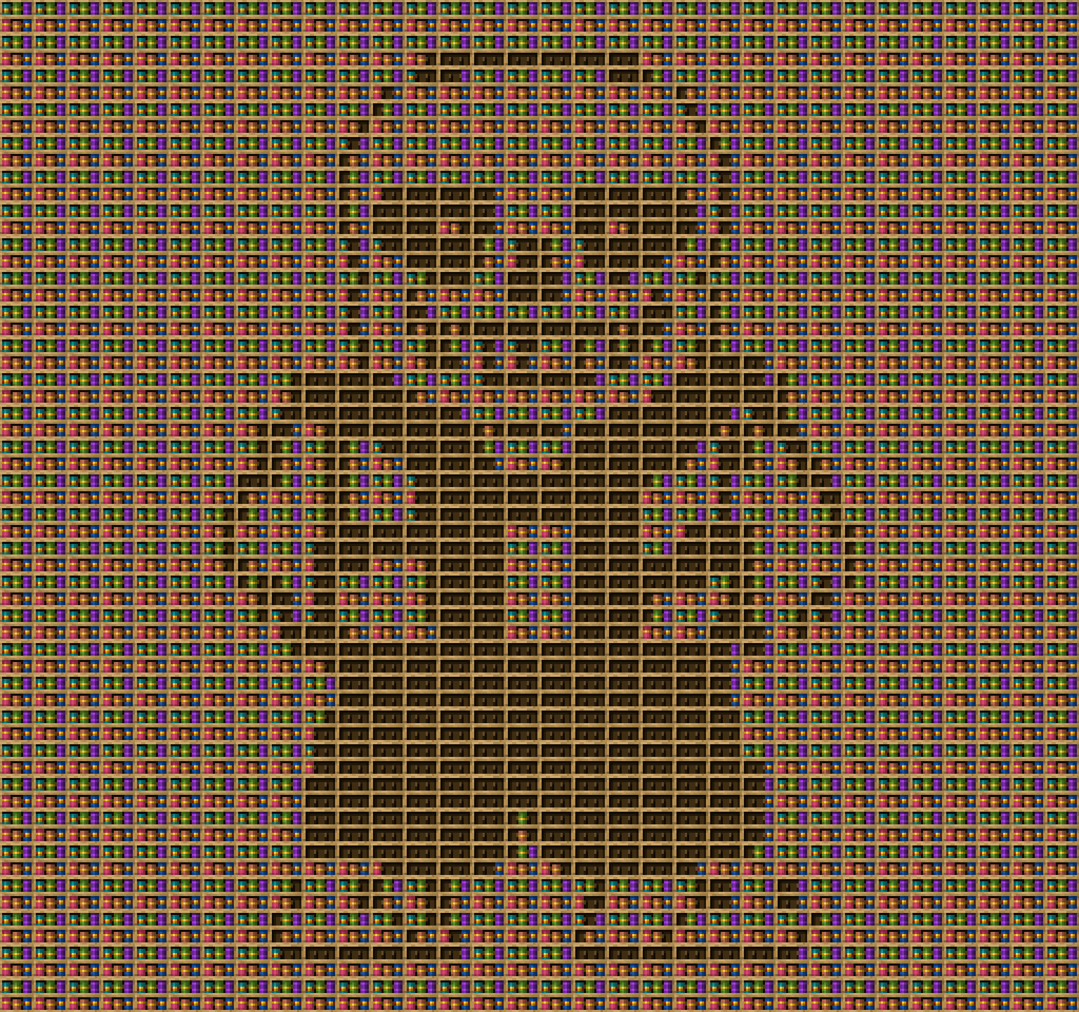 Sans chiseled bookshelf pixel art created using the Chiseled Bookshelf block in Minecraft, measuring 32 x 400 blocks, built with 4487 books and 960 chiseled bookshelves.