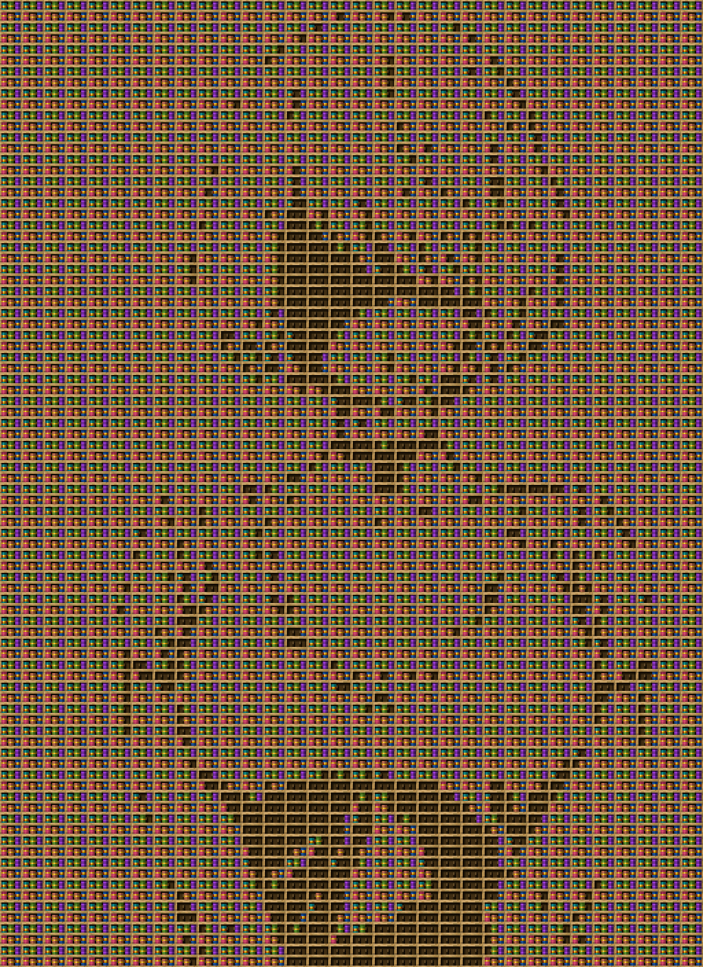 2B prueba 1 chiseled bookshelf pixel art created using the Chiseled Bookshelf block in Minecraft, measuring 32 x 640 blocks, built with 7417 books and 1408 chiseled bookshelves.