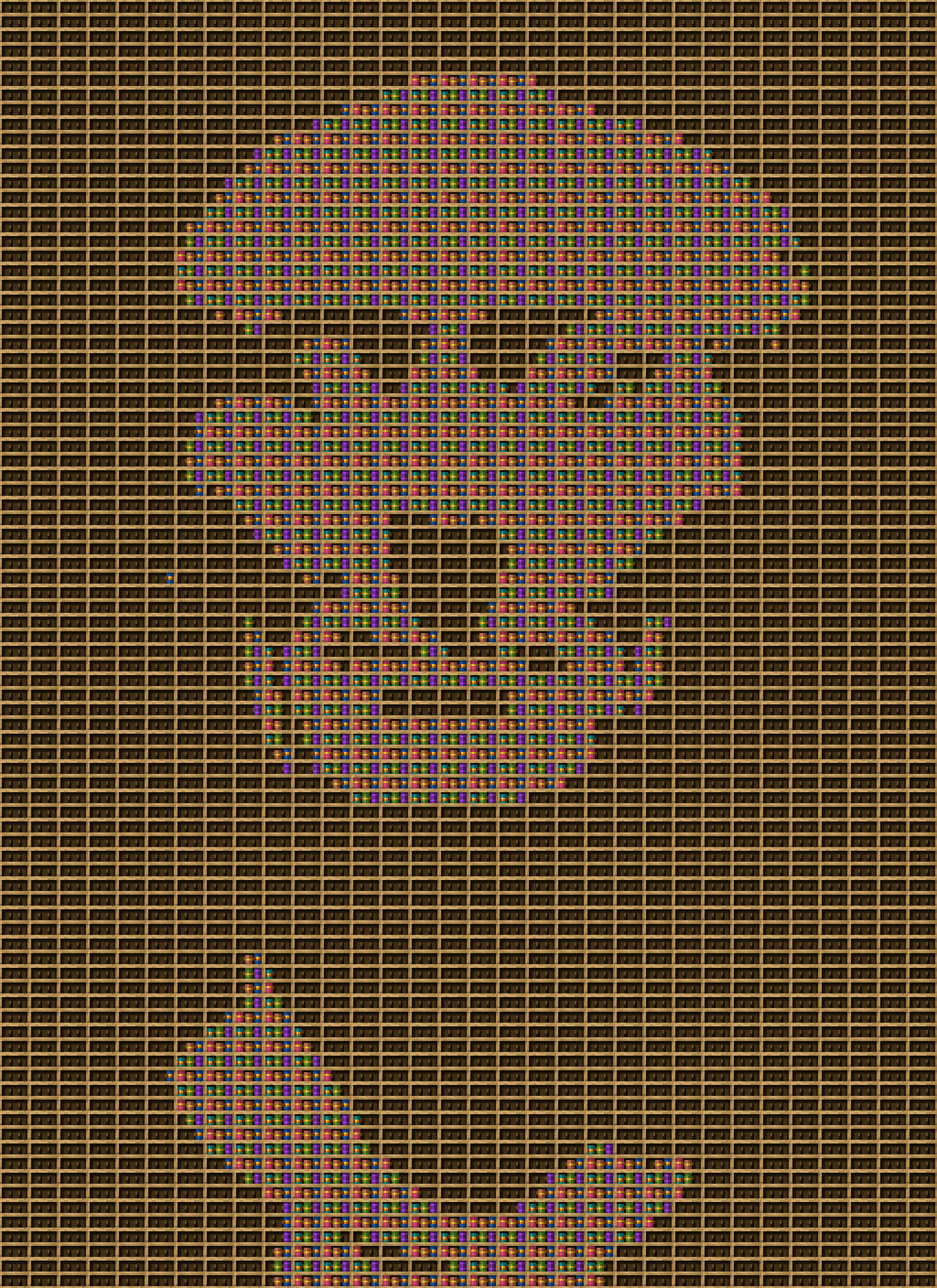 Julius chiseled bookshelf pixel art created using the Chiseled Bookshelf block in Minecraft, measuring 32 x 131 blocks, built with 2404 books and 1408 chiseled bookshelves.