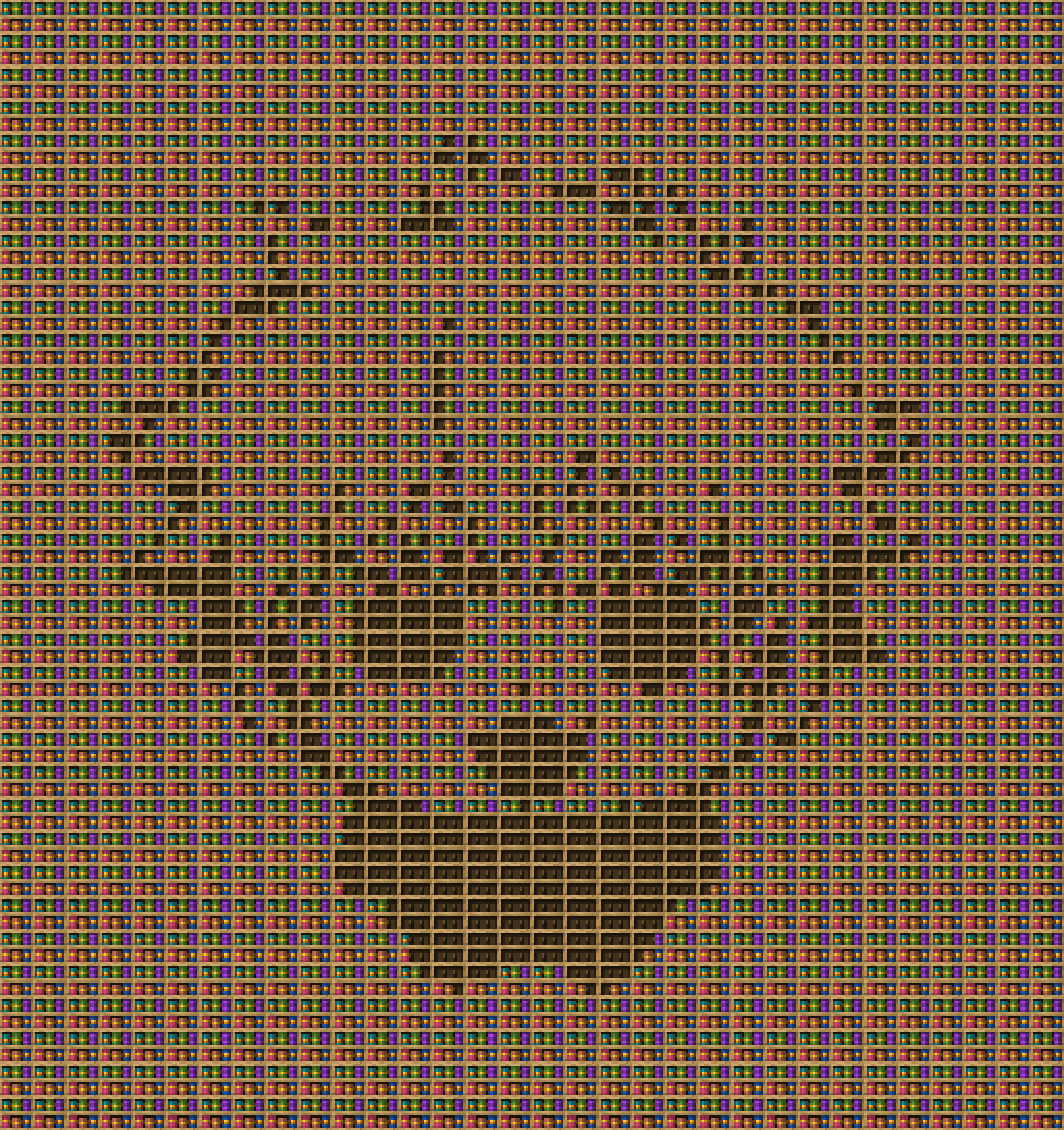 Gojo chiseled bookshelf pixel art created using the Chiseled Bookshelf block in Minecraft, measuring 32 x 395 blocks, built with 5715 books and 1088 chiseled bookshelves.