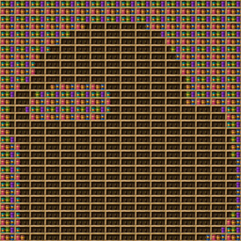 Amongus  chiseled bookshelf pixel art created using the Chiseled Bookshelf block in Minecraft, measuring 16 x 151 blocks, built with 558 books and 256 chiseled bookshelves.