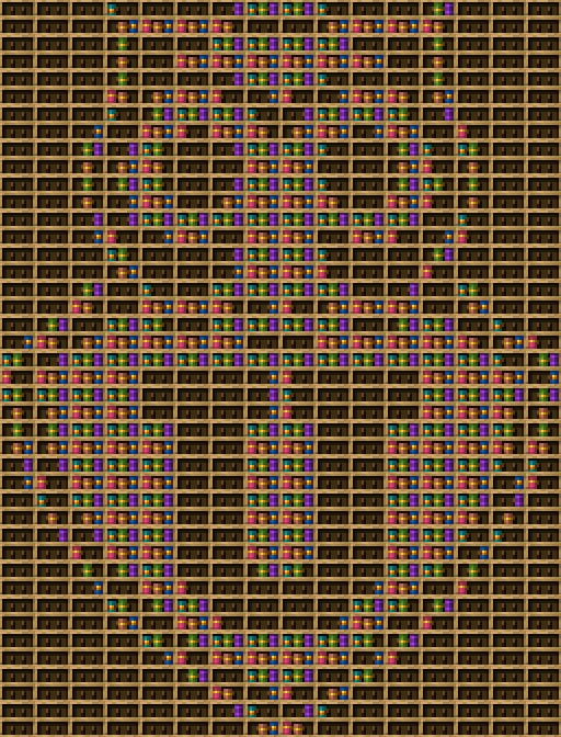 Uch chiseled bookshelf pixel art created using the Chiseled Bookshelf block in Minecraft, measuring 16 x 256 blocks, built with 800 books and 336 chiseled bookshelves.