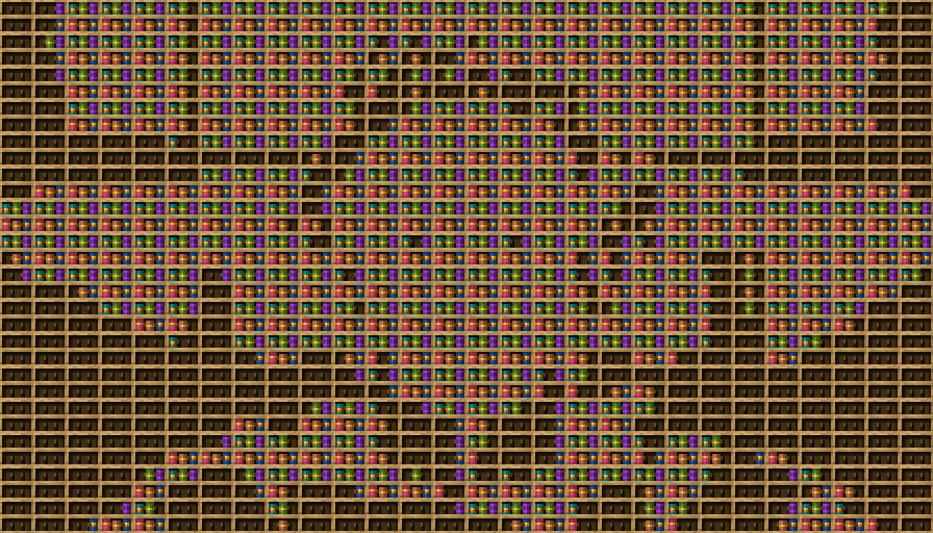 Minecraft chiseled bookshelf pixel art created using the Chiseled Bookshelf block in Minecraft, measuring 28 x 165 blocks, built with 1641 books and 448 chiseled bookshelves.