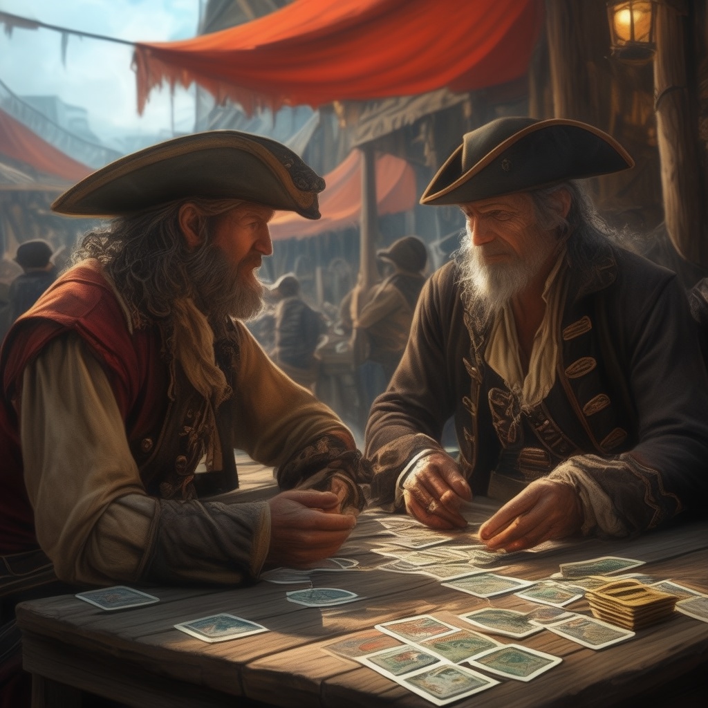 Pirates trading cards in marketplace (Source: Generative AI art created by my prompts using Open.AI [Dall-E])