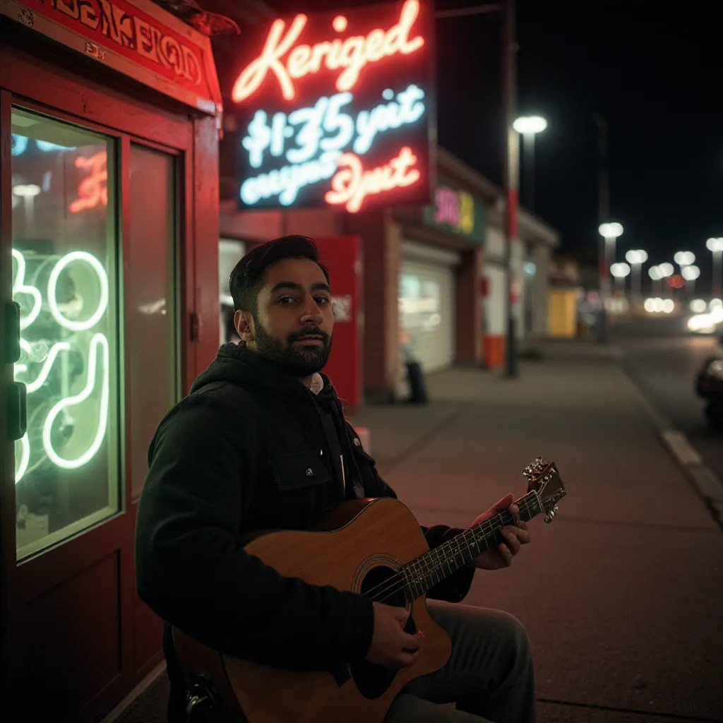 Portrait of a single street musician under neon signs at night, lens flare, film grain, Fujifilm Sup...