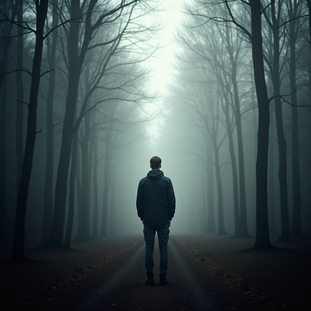A man standing alone in a foggy forest, soft light filtering through the trees, evoking a sense of p...