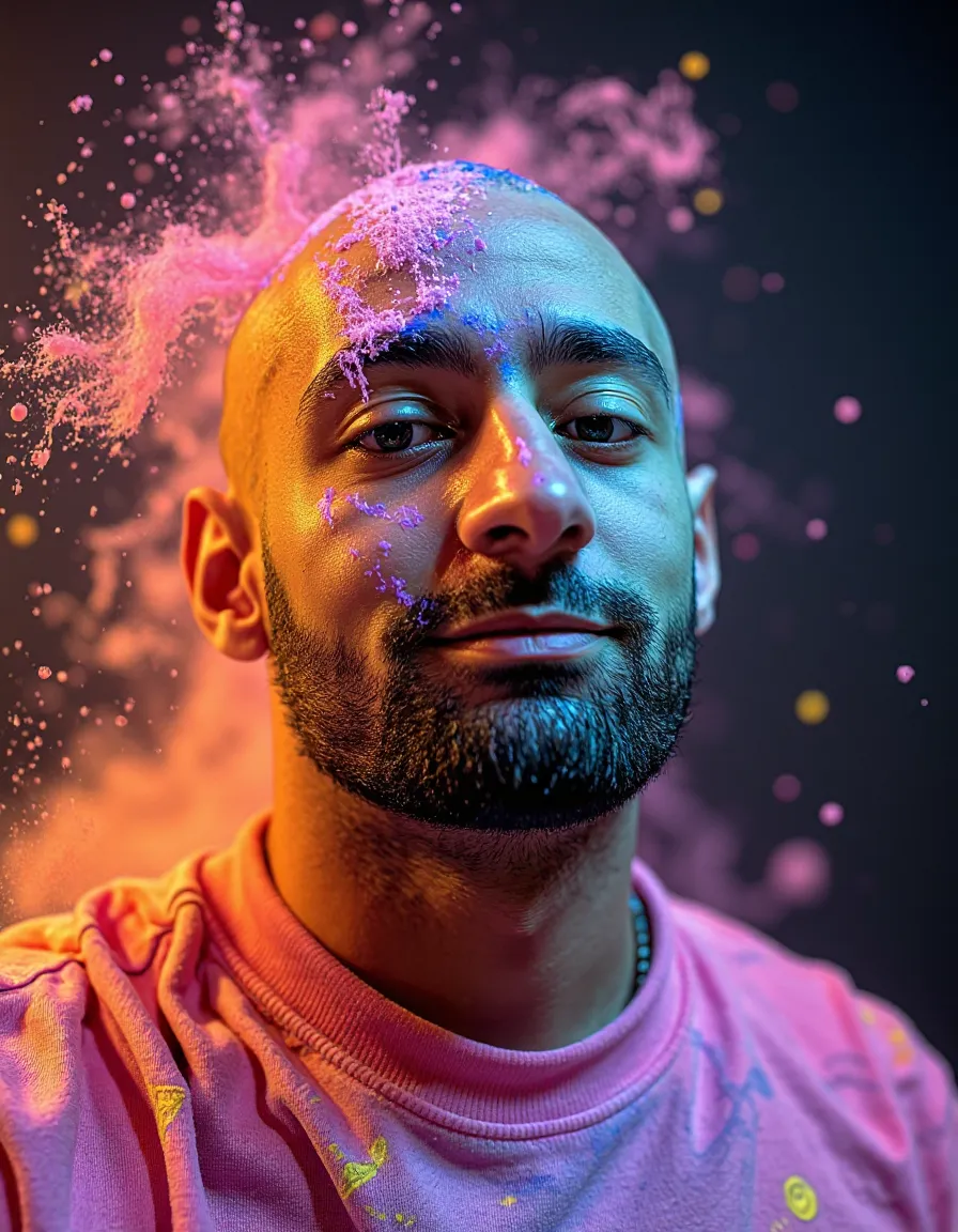 fashion editorial bust‑shot of a bald skzkz man, enveloped by a colossal powder paint eruption — swi...