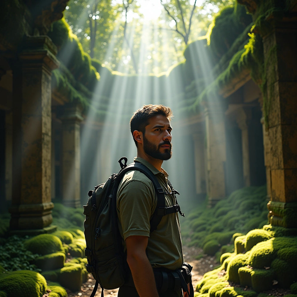 Portrait of an archaeologist (male) standing in moss-covered jungle temple ruins, sunlight streaming...